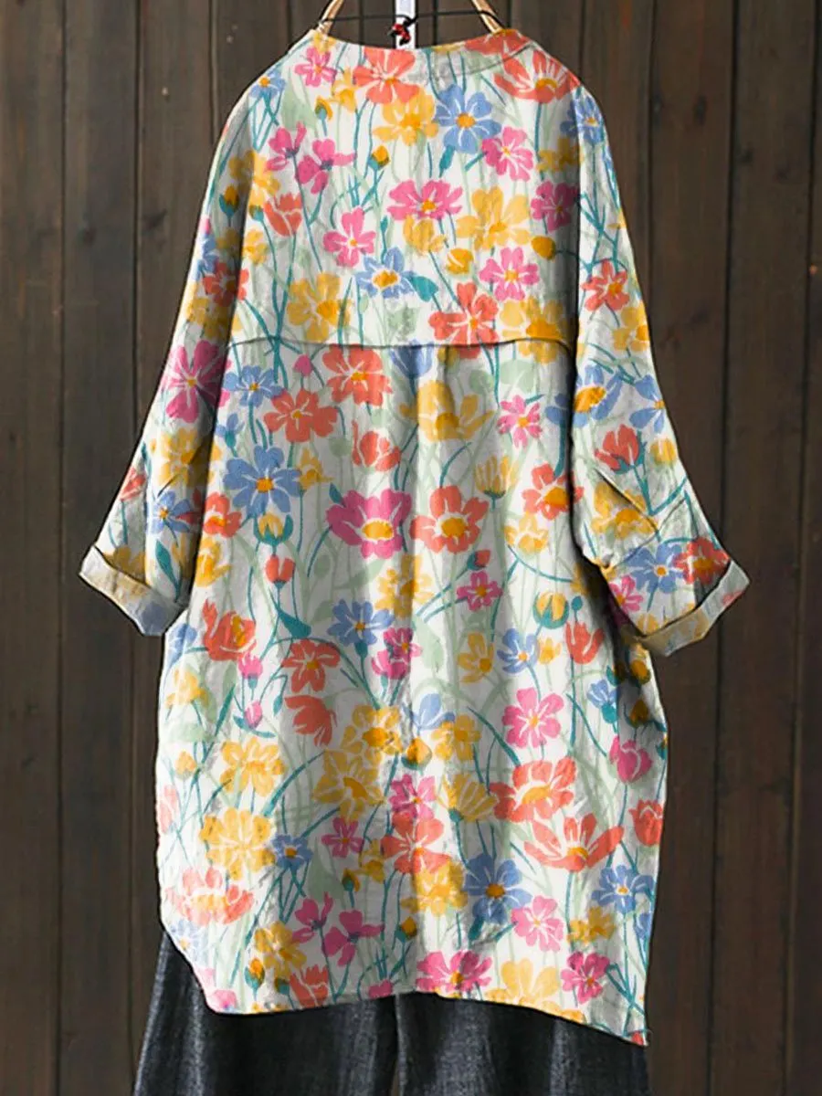 Vintage Lovely Floral Art Print Loose Casual Top Jacket