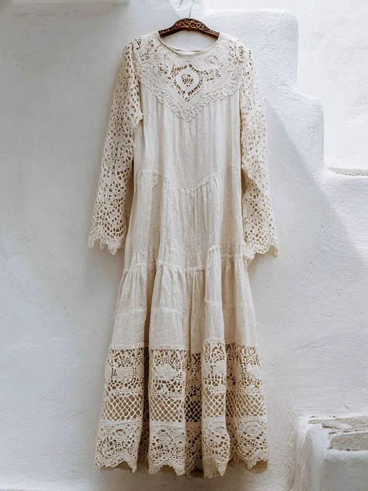 Women's Vintage Lace-paneled Round-neck Dress