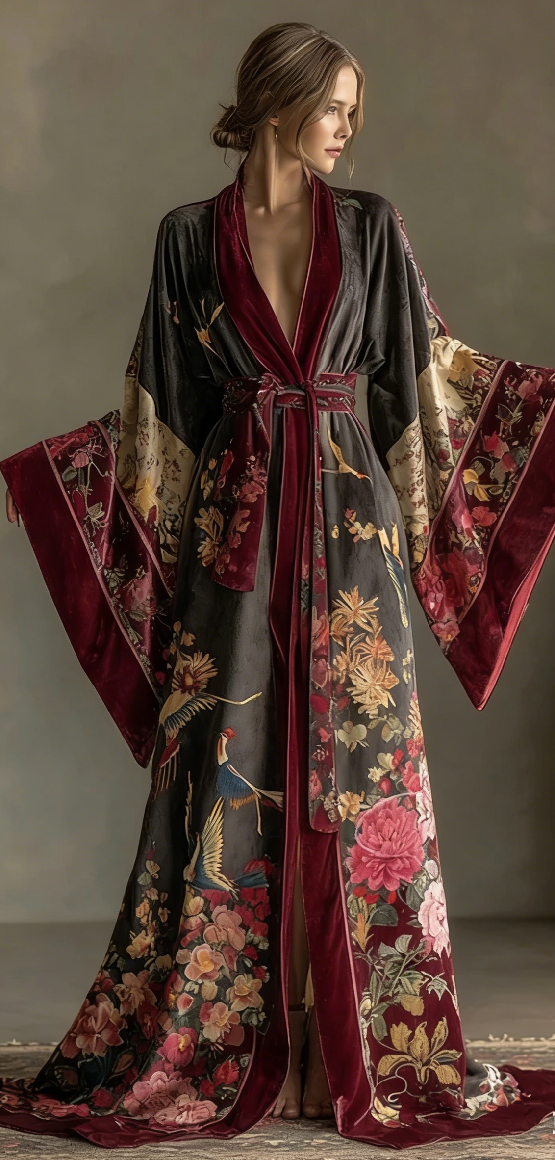 Elegant autumn/winter vintage floral style velvet robe (with belt)