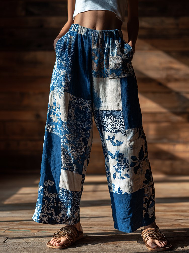 Vintage Japanese Traditional Sashiko With Sakura Art Pattern Linen Blend Casual Pants