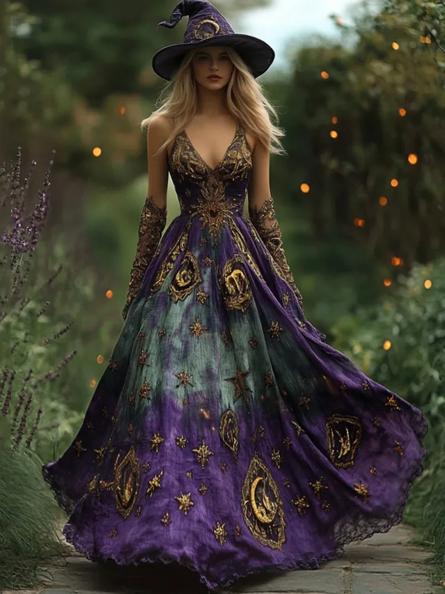 Bohemian style Tie-dye Star And Moon Embroidered Gradient Witch Maxi Evening Dress