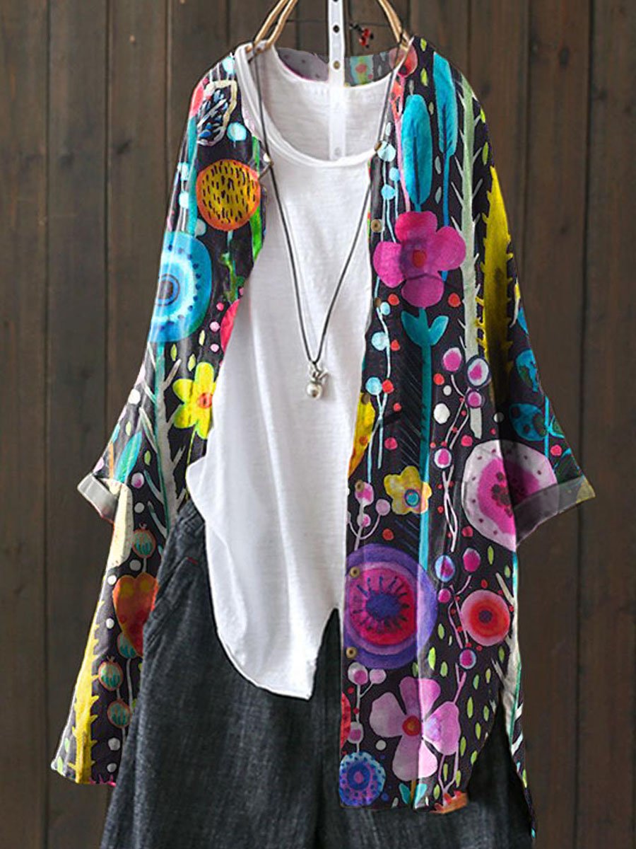 Vintage Lovely Floral Art Print Loose Casual Top Jacket