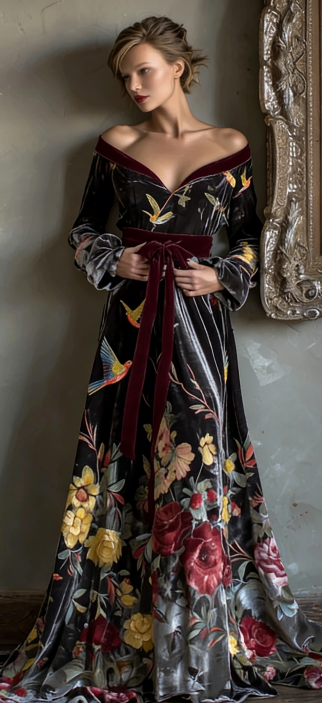Elegant autumn/winter vintage floral style velvet robe (with belt)