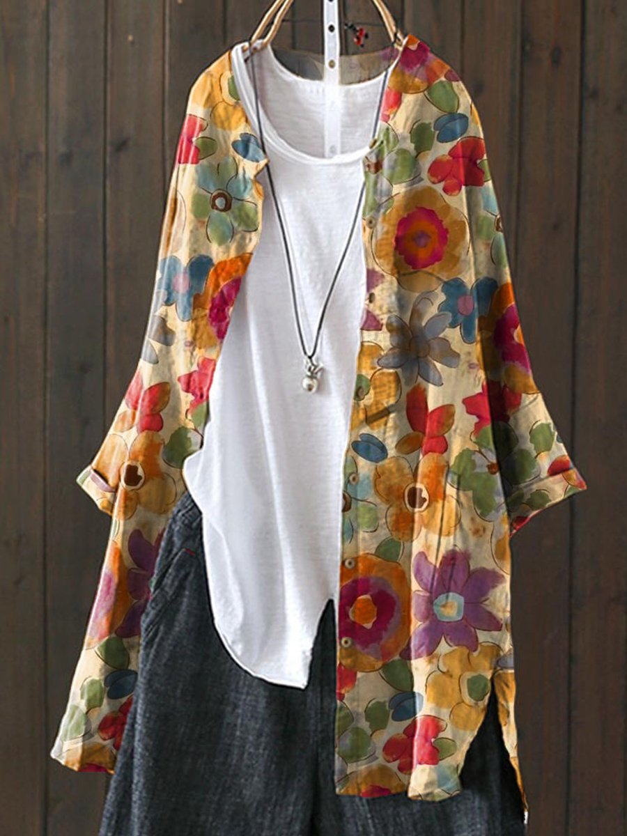 Colorful Hand-painted Floral Print Loose Casual Top Jacket