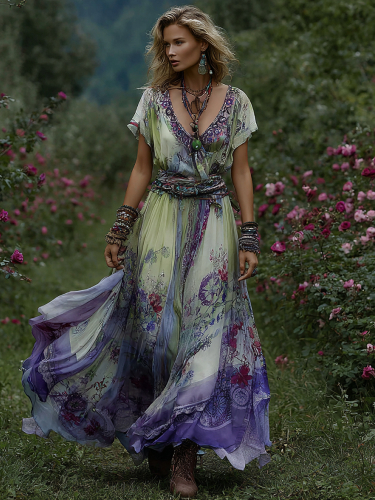 Vintage Gradient Purple Floral Embroidered Short Sleeve Maxi Dress