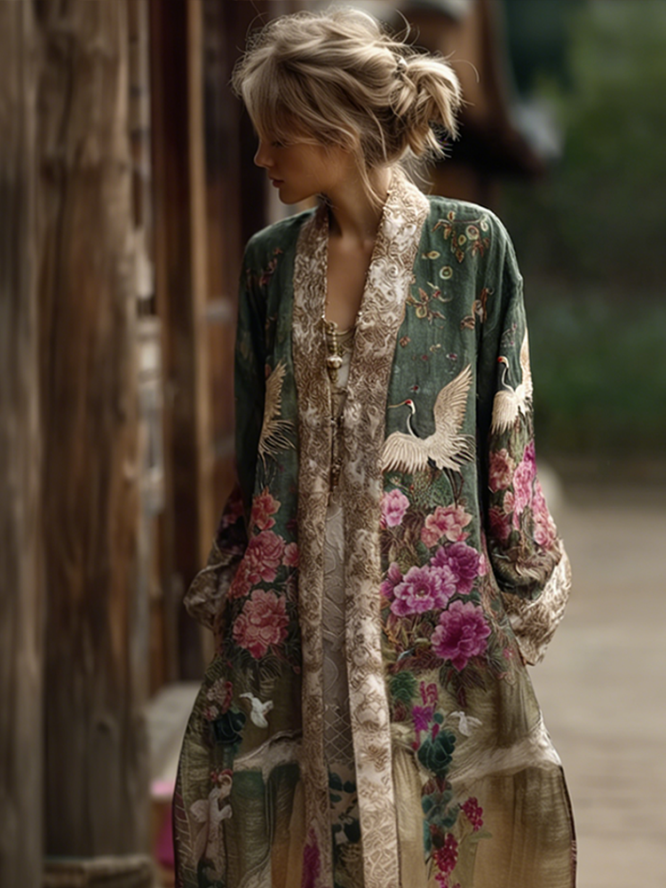 Japanese Art Retro Style Plant Flower & Crane Pattern Women's Cotton & Linen Cardigan