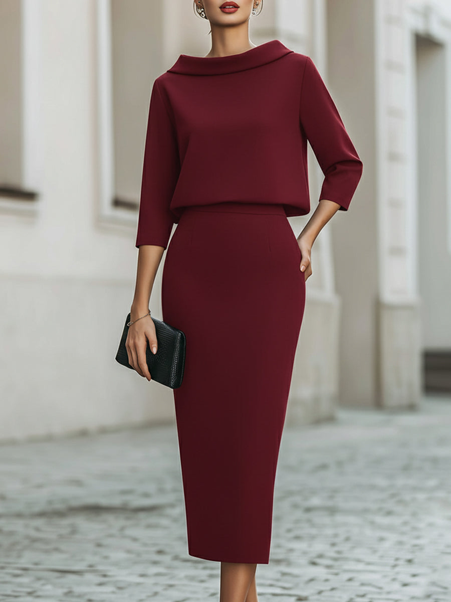 Boat Neck Top & Midi Skirt Set