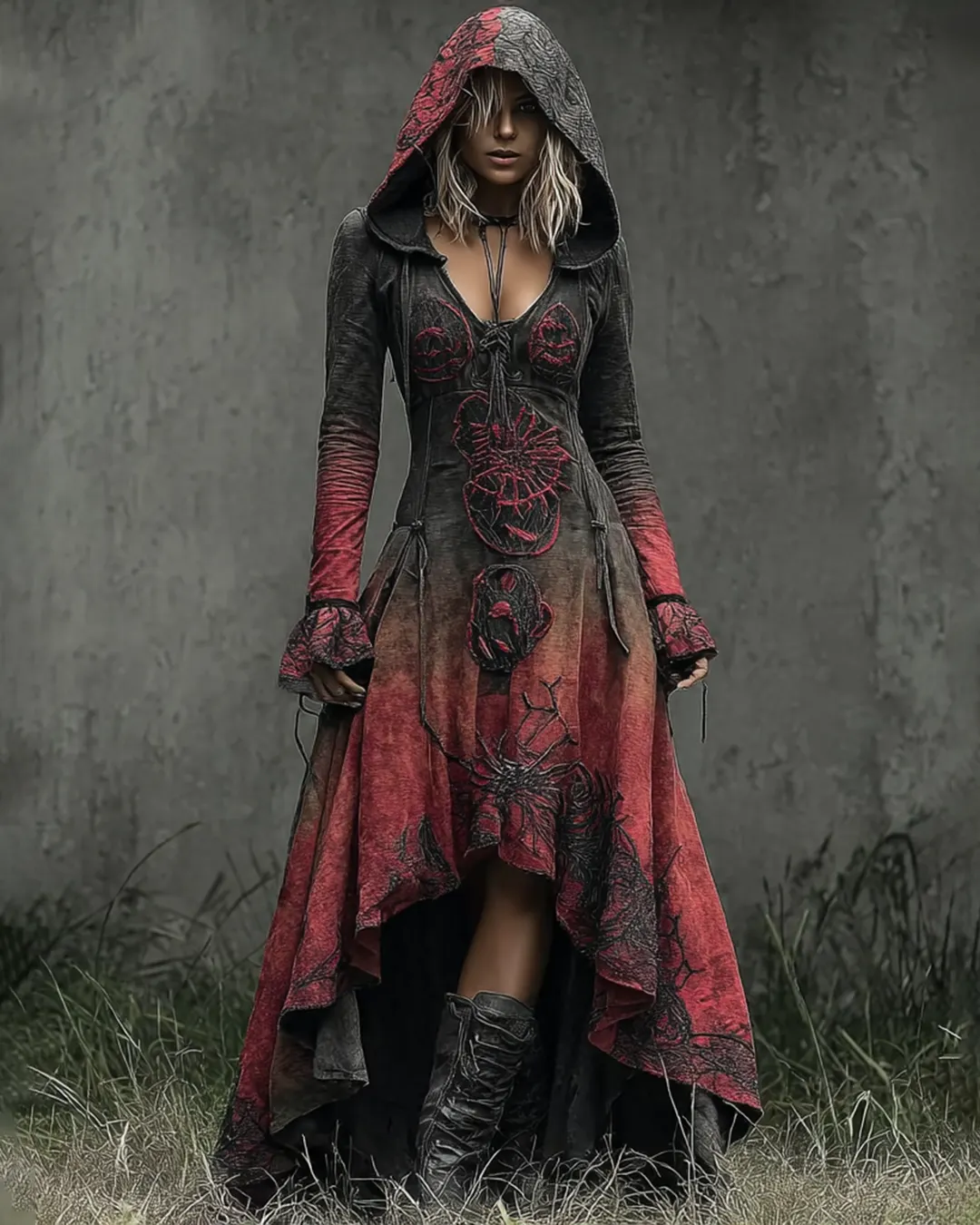 Bohemian style Irregular Gradient Embroidered Hooded Evening Dress 5b16