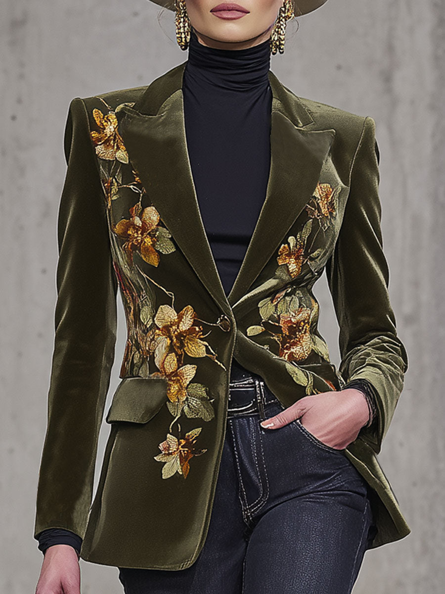 Retro-style Floral Print Velvet Blazer