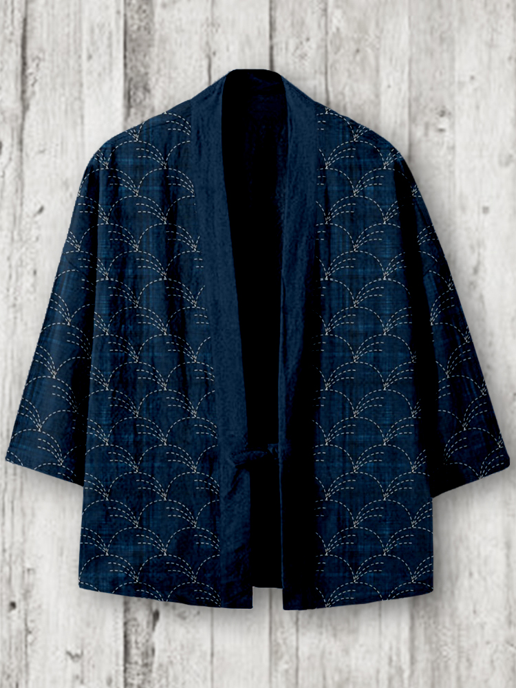 Traditional Japanese Sashiko Art Linen Blend Kimono Cardigan