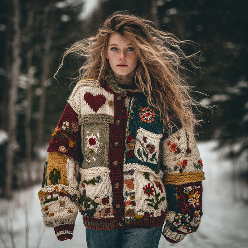 Floral Heart Patchwork Button Warm Cardigan Sweater