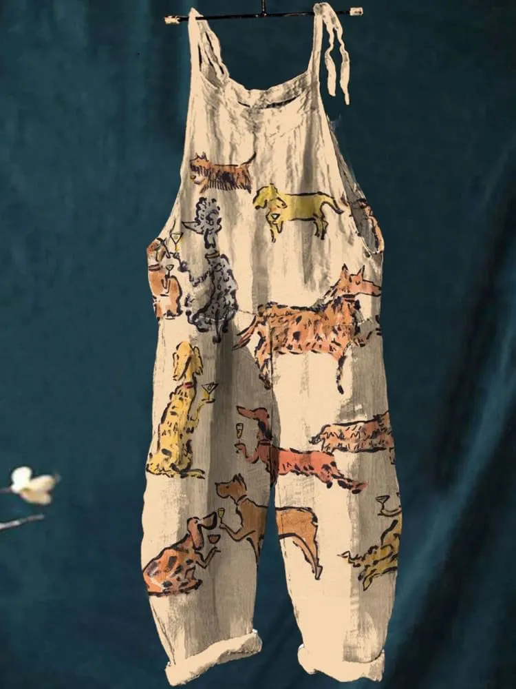 Vintage Lovely Dogs Art Print Casual Wide-Leg Jumpsuit