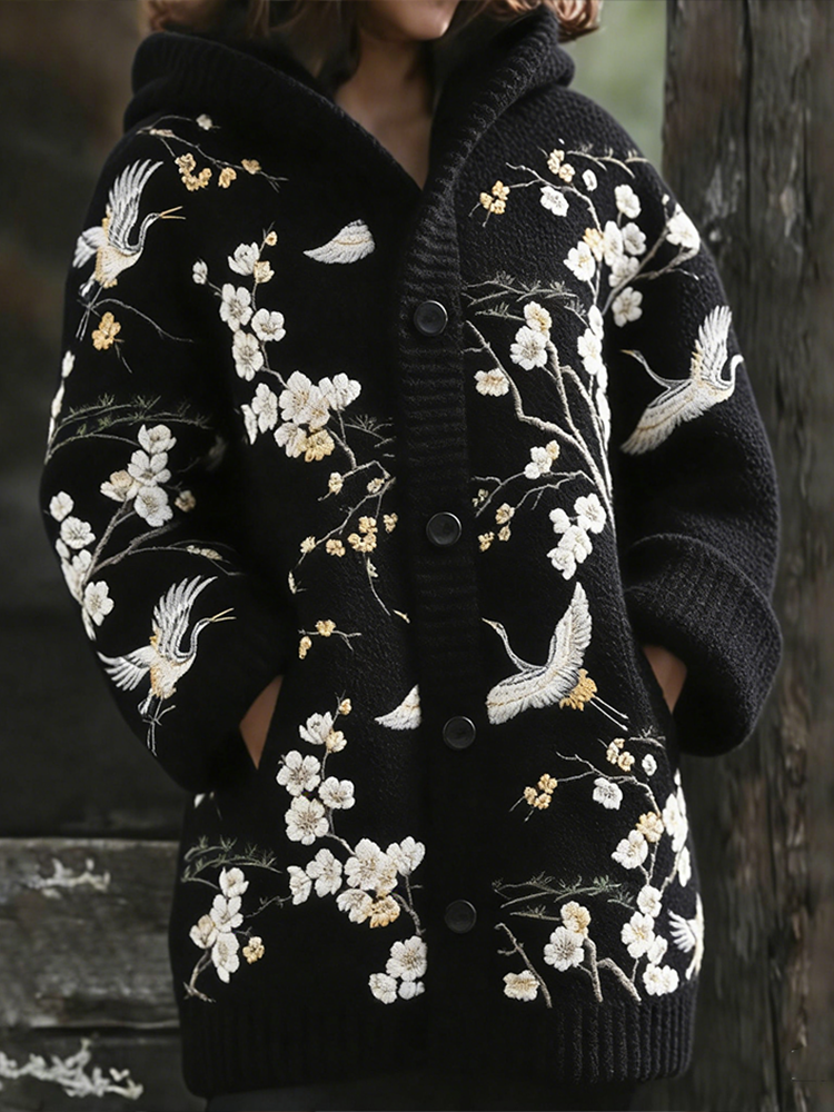 Retro Flower & Bird Pattern Women's Casual Sweater Coat