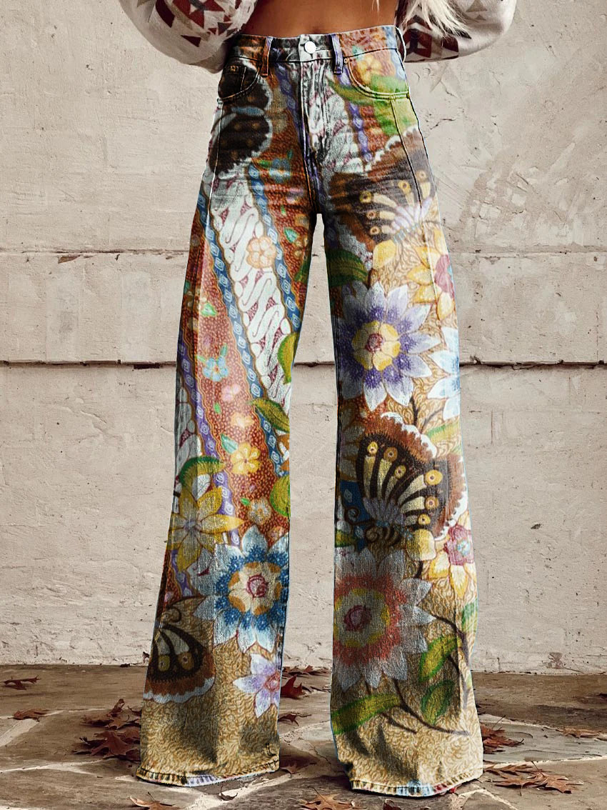 Vintage Butterfly Floral Print Wide-Leg Pants