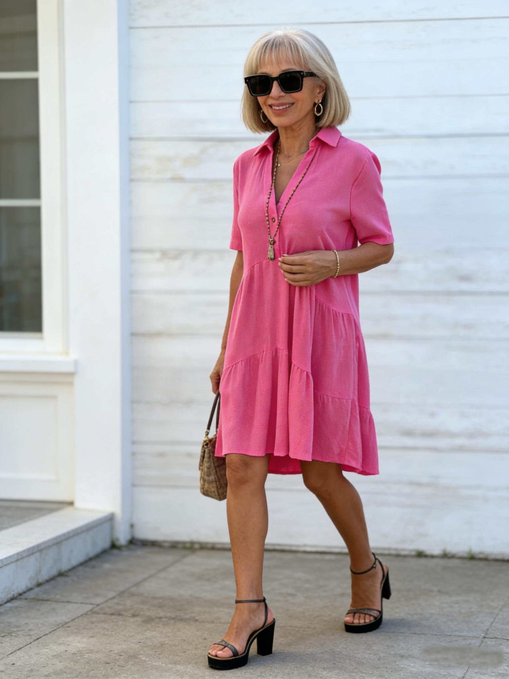 Hot Pink Collared Midi Dress
