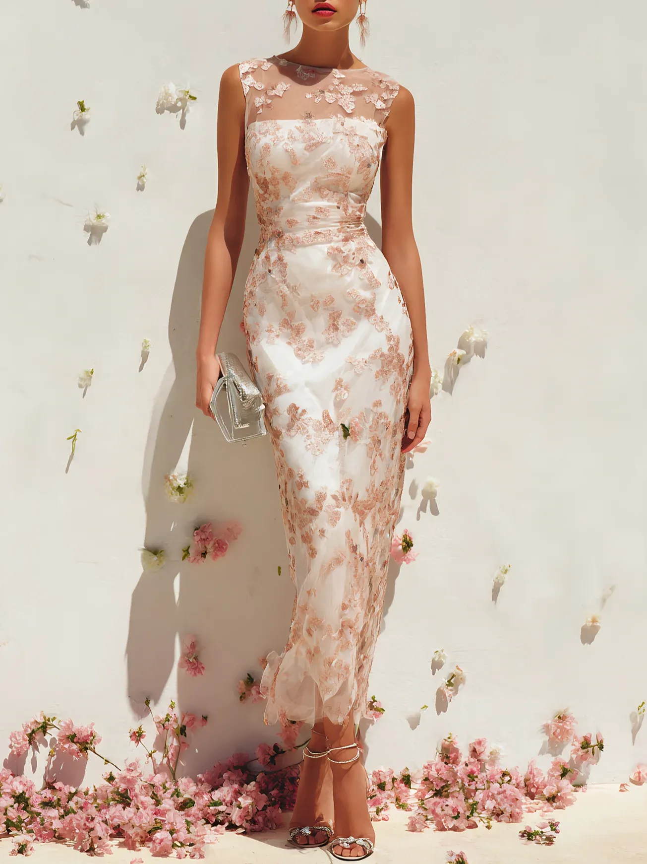Pink Lace Crew Neck Sleeveless Sheath Maxi Dress