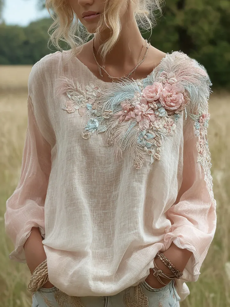 Feather Floral Embroidery Linen Crew Neck T-shirt