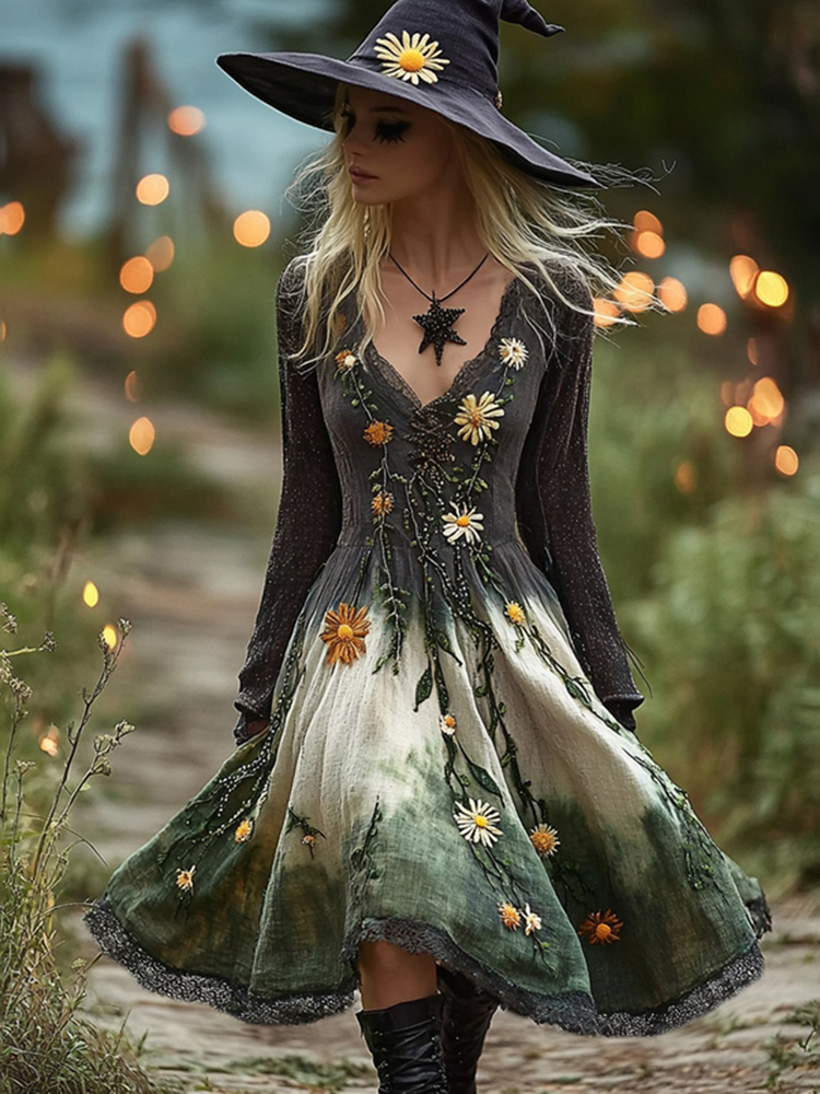 Women's Boho Witch Gradient Daisy Witch Midi Evening Dress