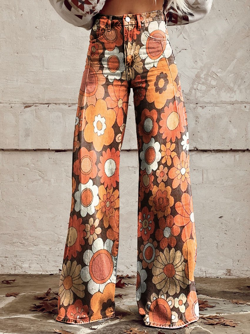 Vintage Flower Print Casual Wide-Leg Pants