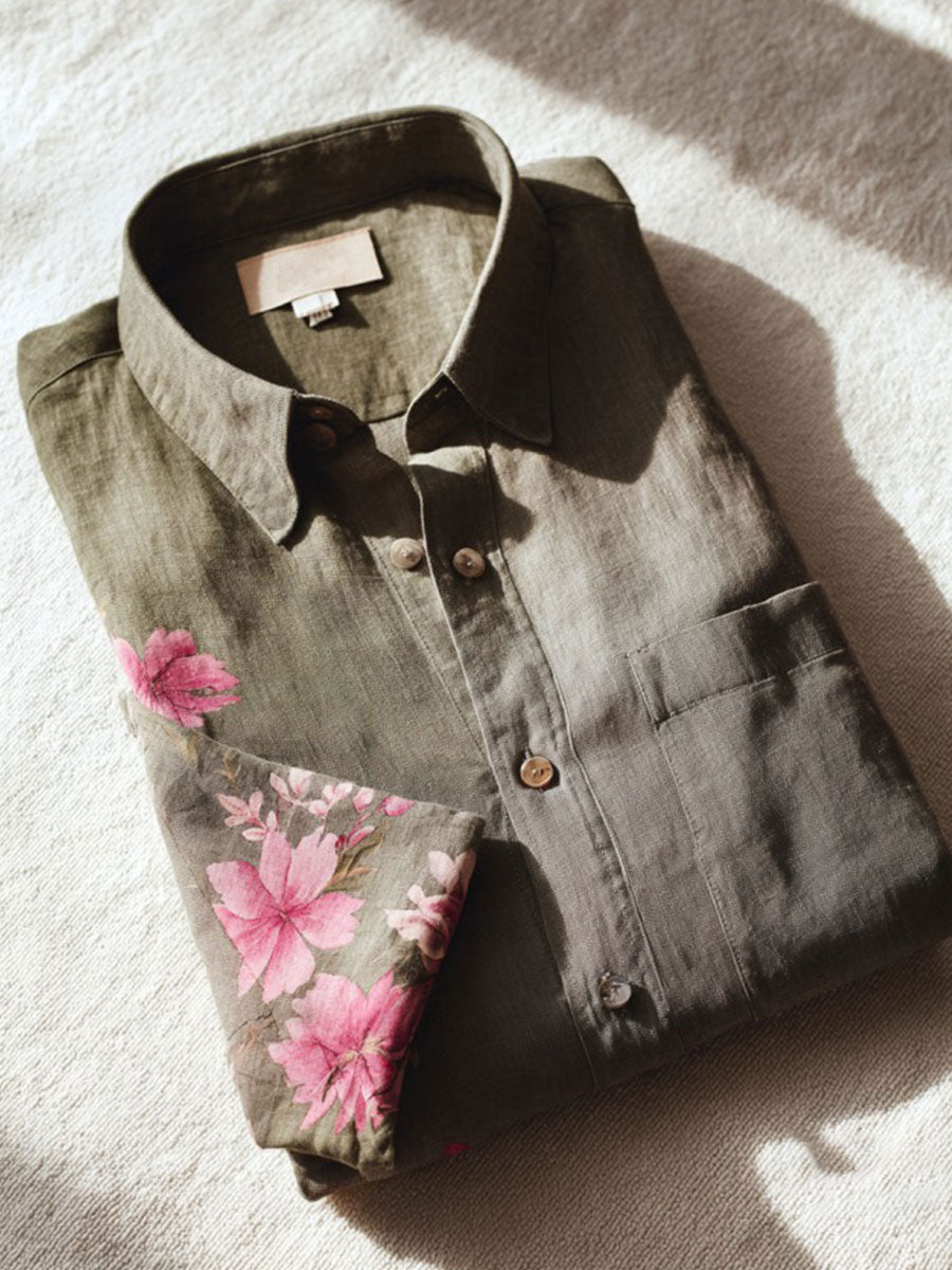 Vintage Flower Art Print Casual Cotton & Linen Shirt