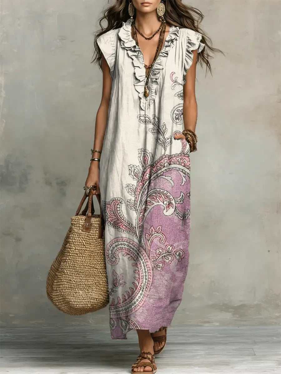 Floral Print V-Neck Ruffle-Trim Maxi Dress