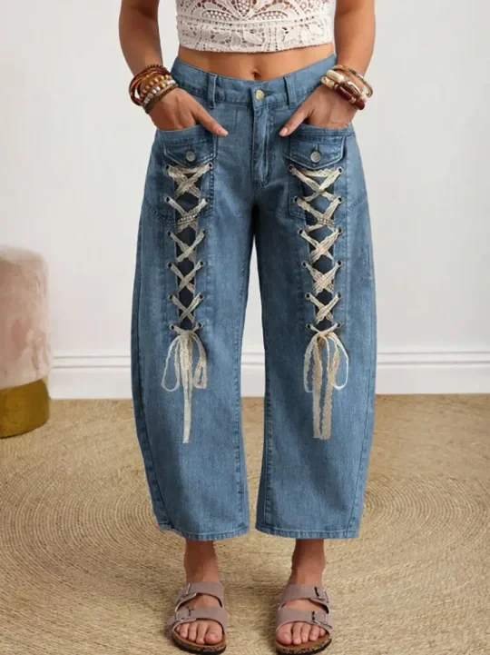 Vintage-style Textured Floral Art Print Casual Cotton Trousers With Pockets