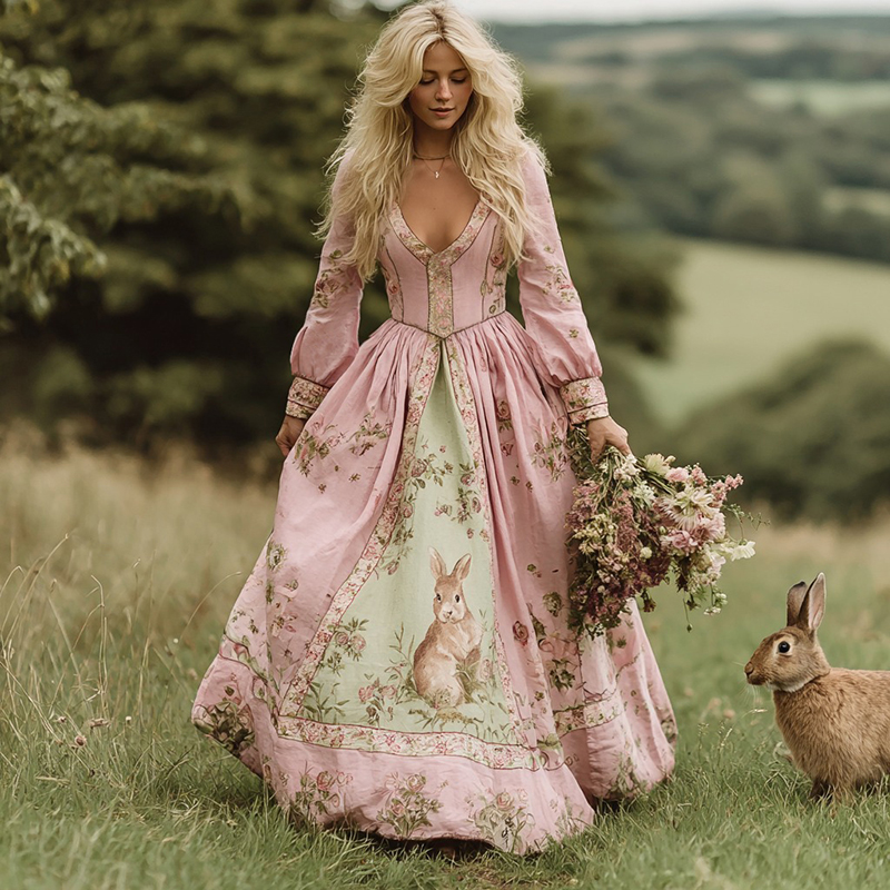 Vintage Bunny With Floral Art Women's Long Sleeve Maxi V-neck Dress