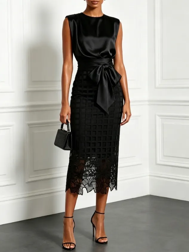 Champagne Lace Crew Neck Sleeveless Elegant Top With Skirt Two-Piece Set