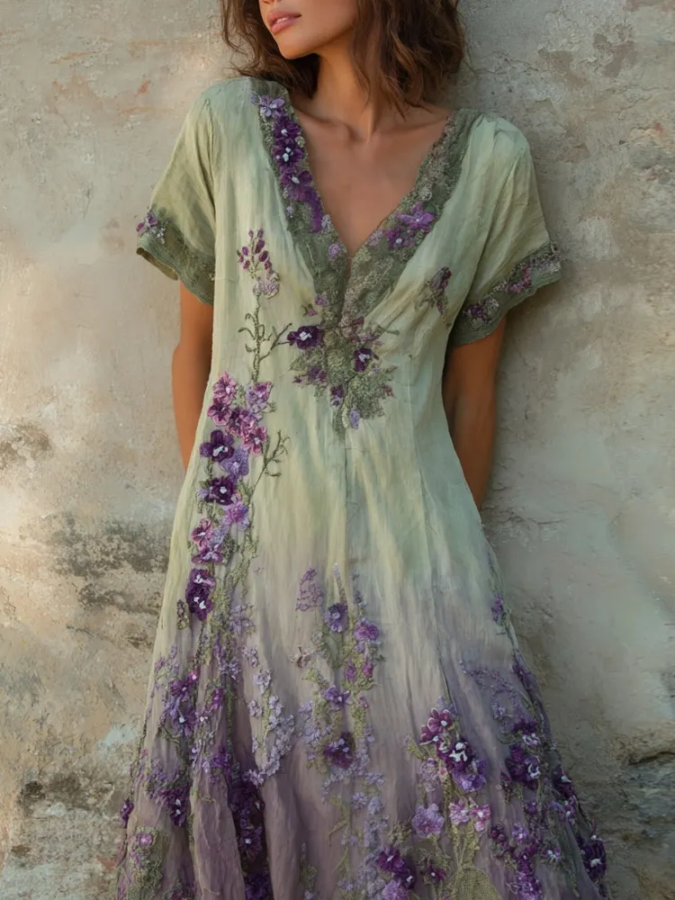Purple Floral Embroidered Gradient Vintage Linen Maxi Dress