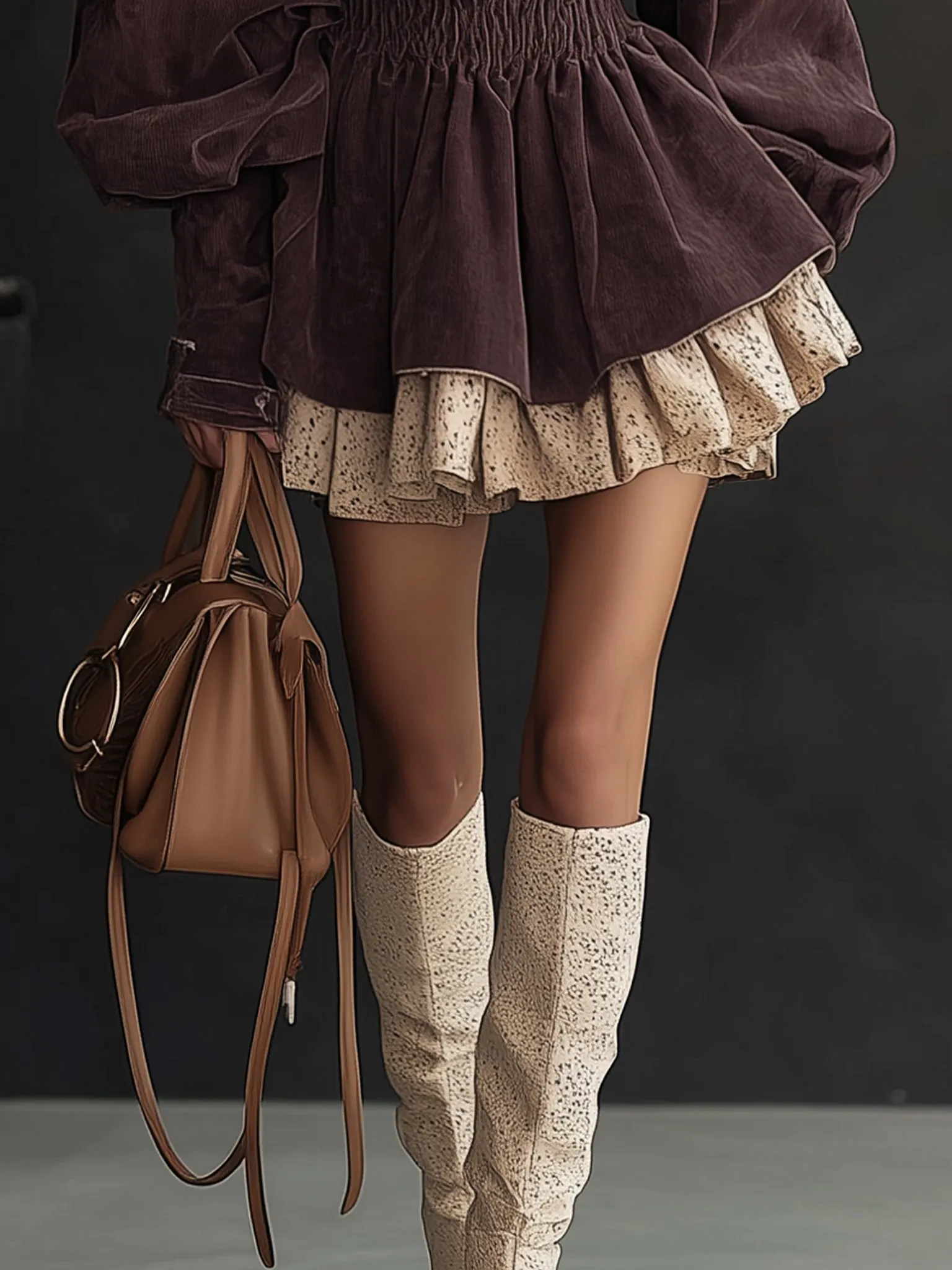 Dark Purple Velvet Lace Trimmed Turtleneck Long Sleeve  Mini Dress