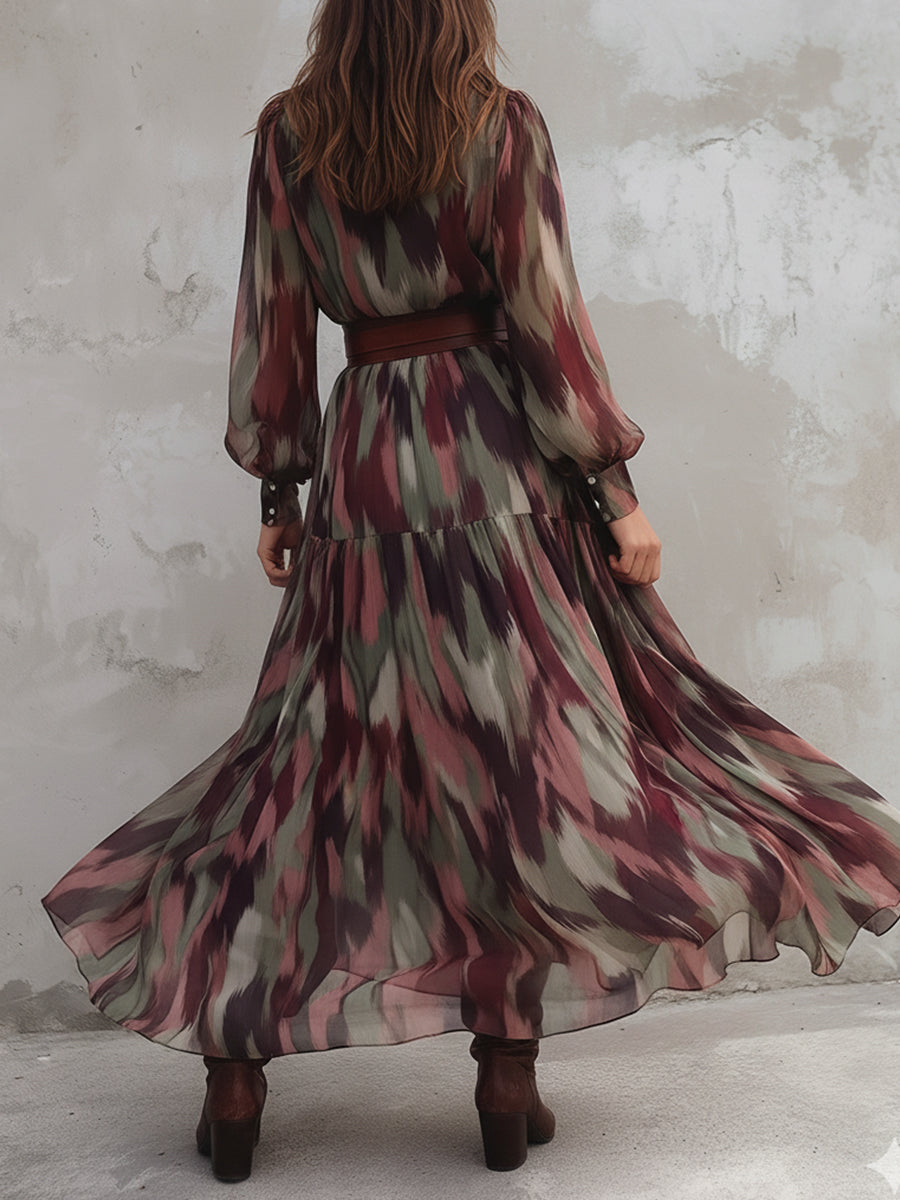 Bohemian Abstract Printed Chiffon Maxi Dress With Belt