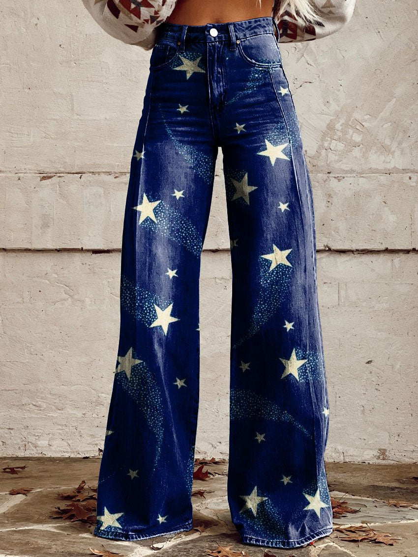 Vintage Print Casual Wide-Leg Pants