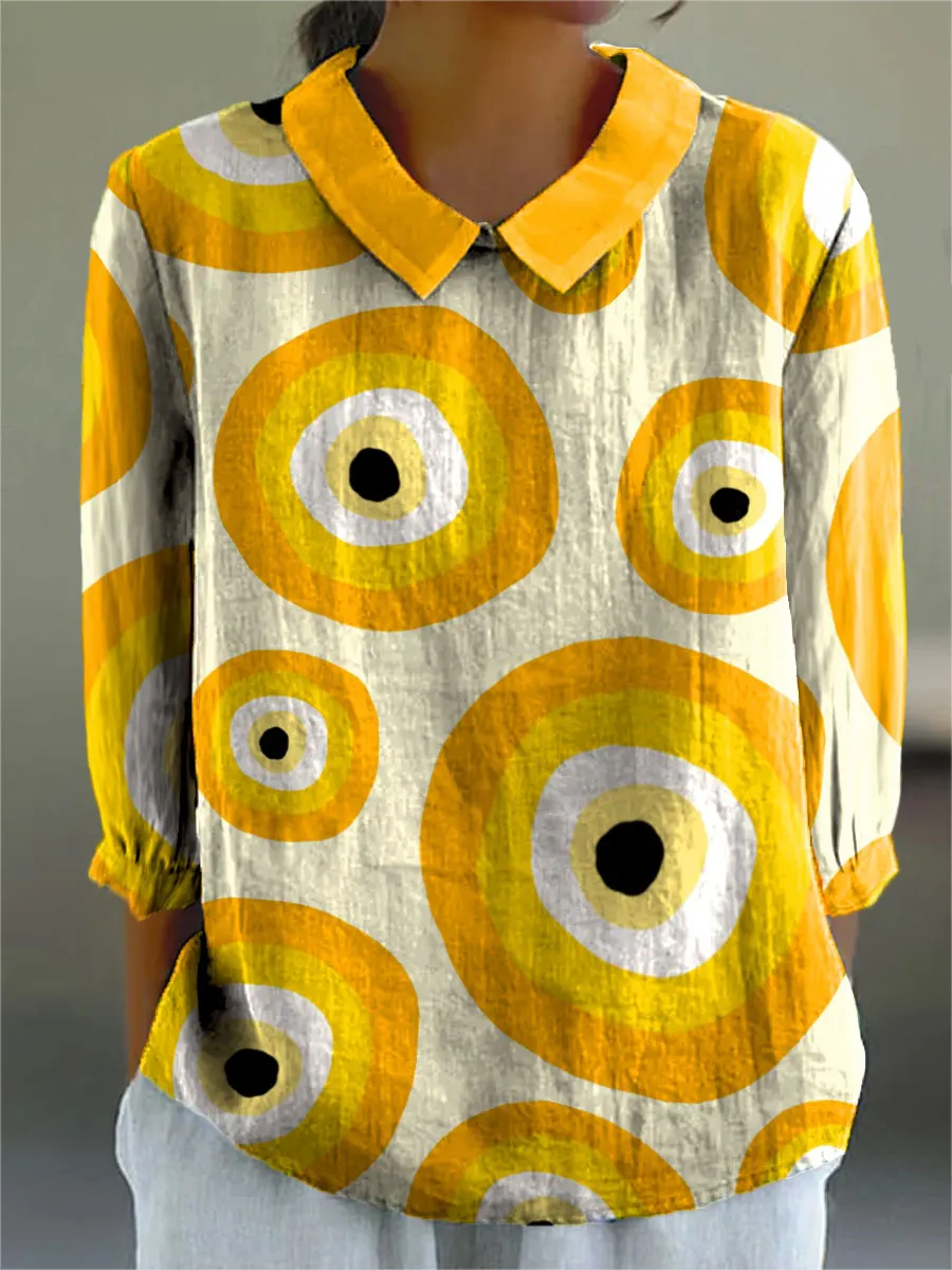 Colorblock Geometric Art Print Casual Cotton & Linen 3/4 Sleeve Shirt