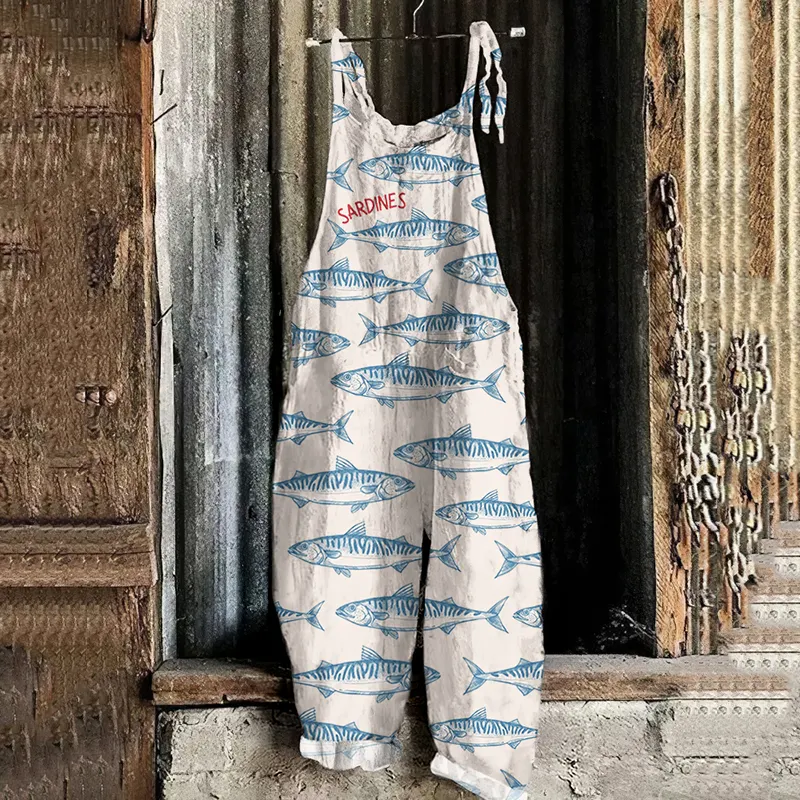 Retro Sardinas Fish Art Print Linen Loose Casual Jumpsuit
