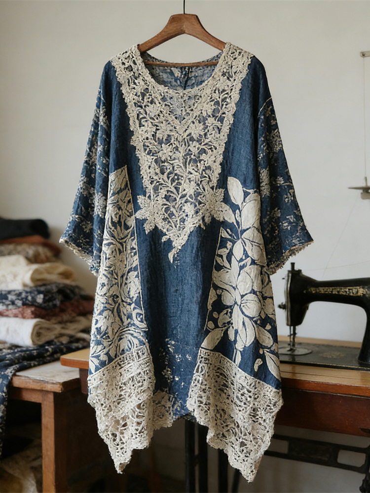 Vintage Lace Patchwork Floral Linen Women's Long Sleeve Midi Dress