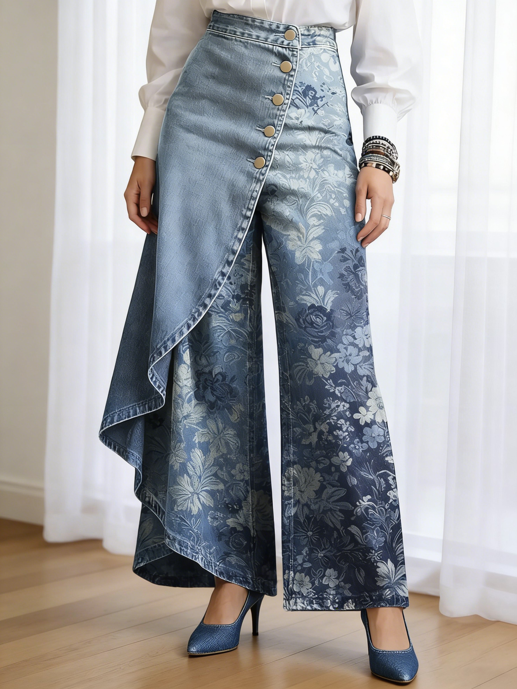 Art Print Casual Washed Denim Cotton Pants