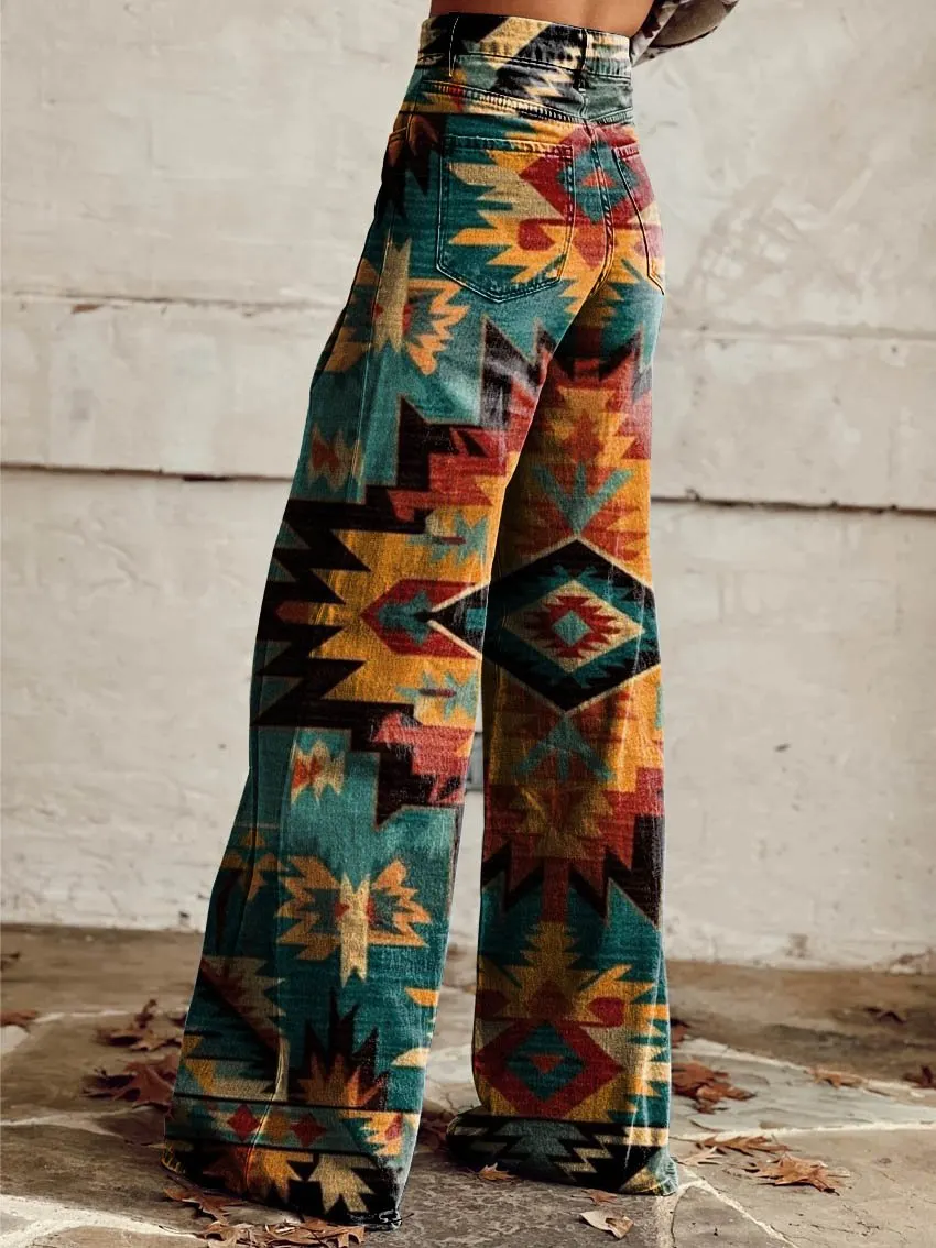 Aztecs Print Casual Wide-Leg Pants