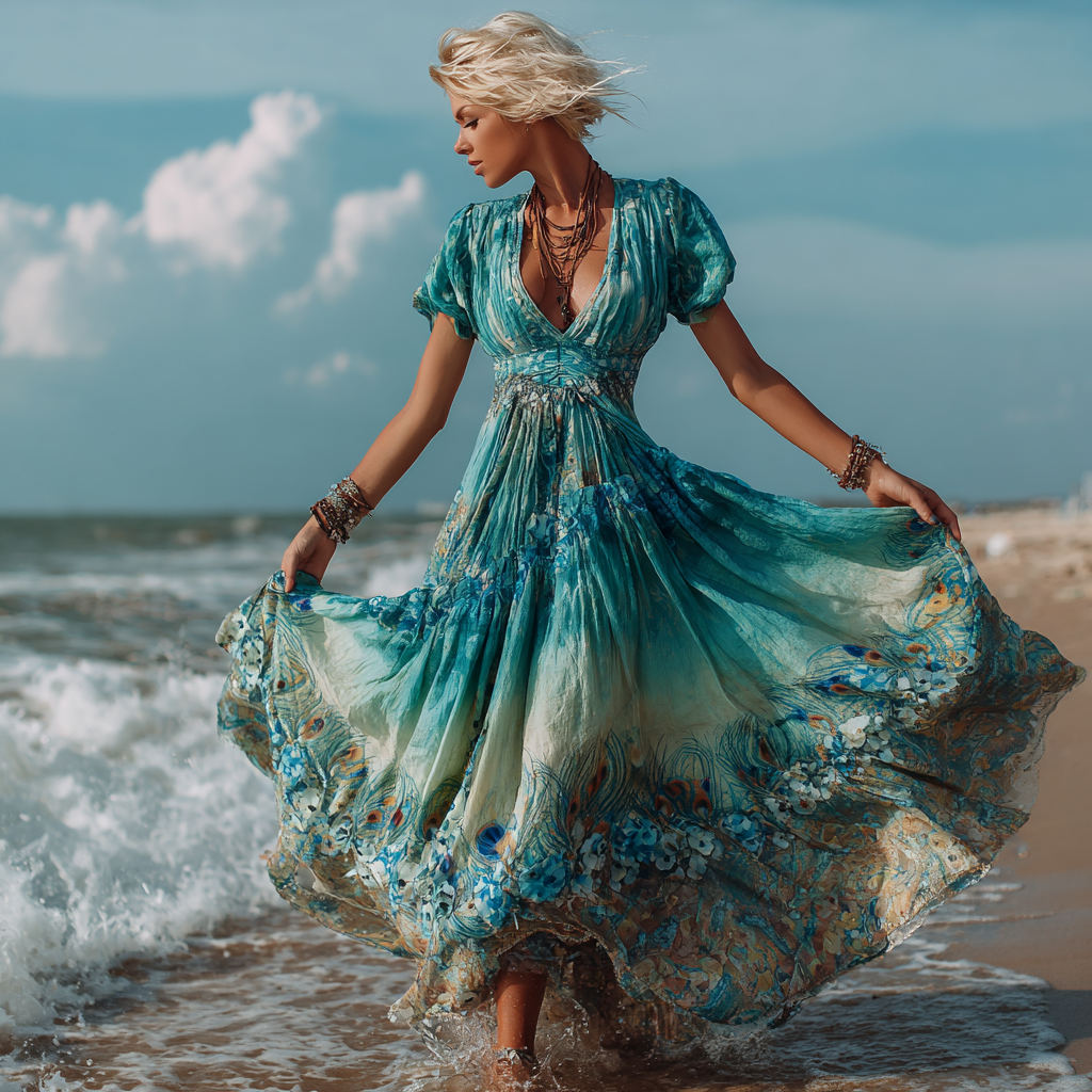 Bohemian Style Retro Peacock Feather And Plant Flower Pattern Women's Casual Cotton And Linen Dress