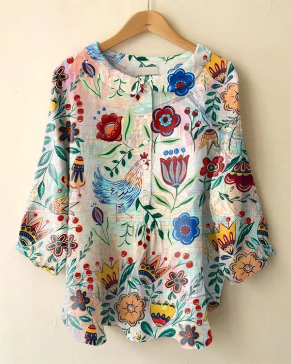 Vintage Floral Animal Print Long Sleeve Peter Pan Collar Shirt
