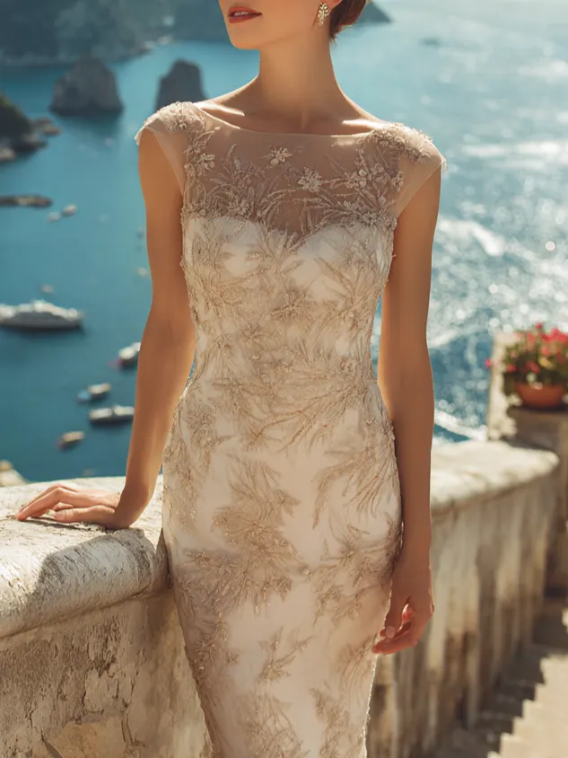 Champagne Lace Boat Neck Sleeveless Sheath Maxi Dress