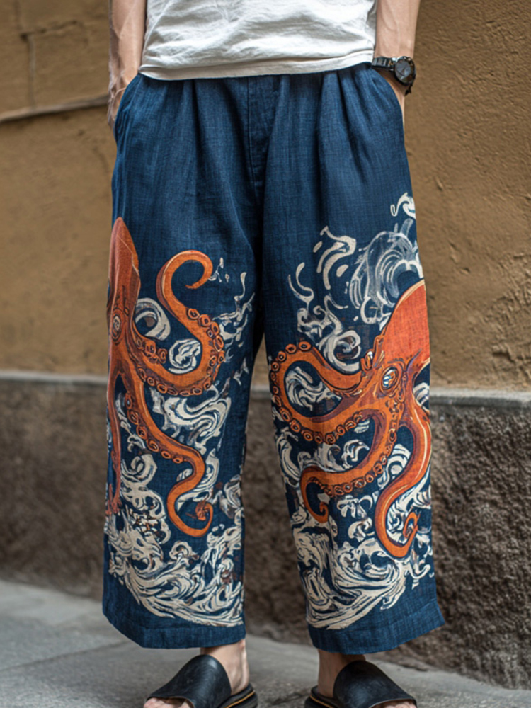 Men's Retro Japanese Art Ocean Octopus Print Casual Pants