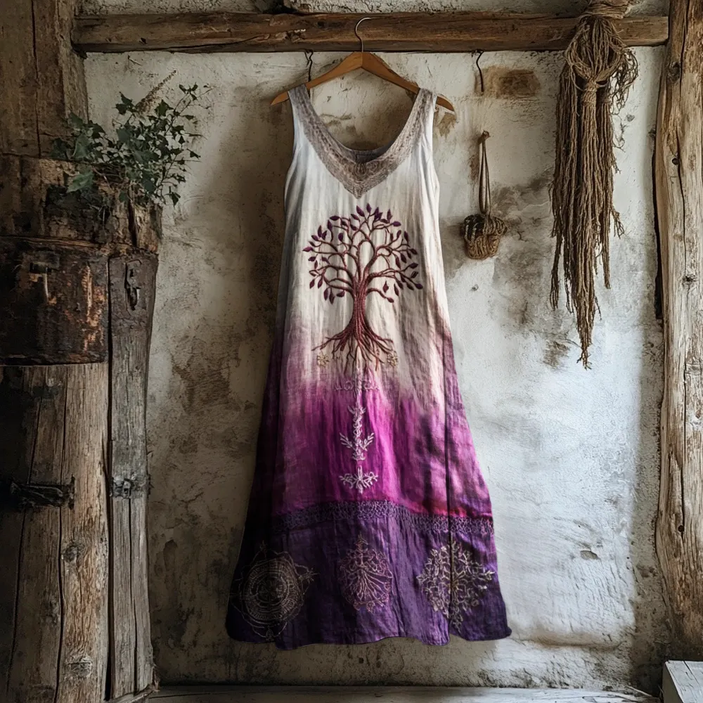 Vintage Tree Of Life Gradient Women's Linen Vest Dress