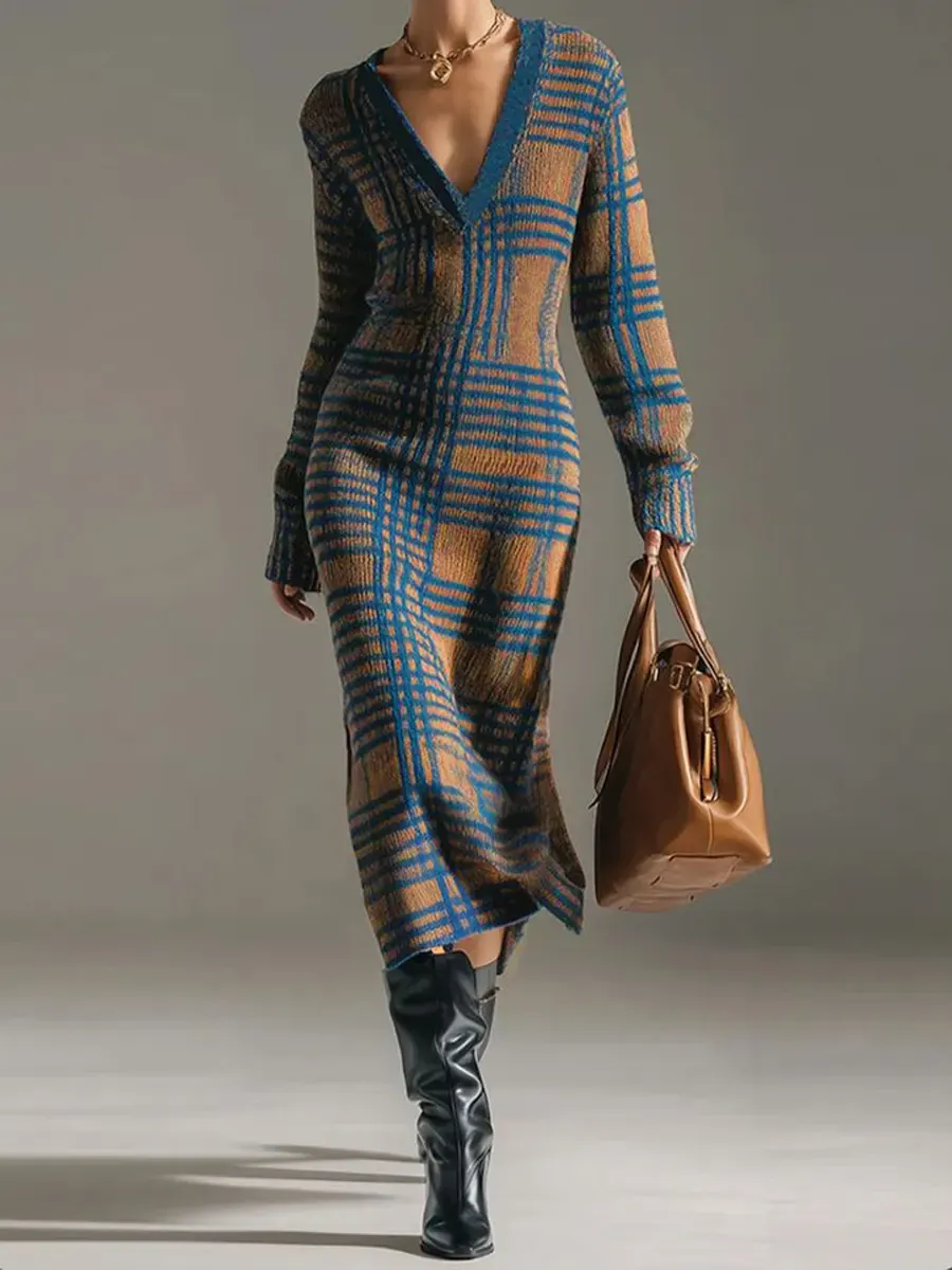 Cozy V-neck Plaid Sweater Dress