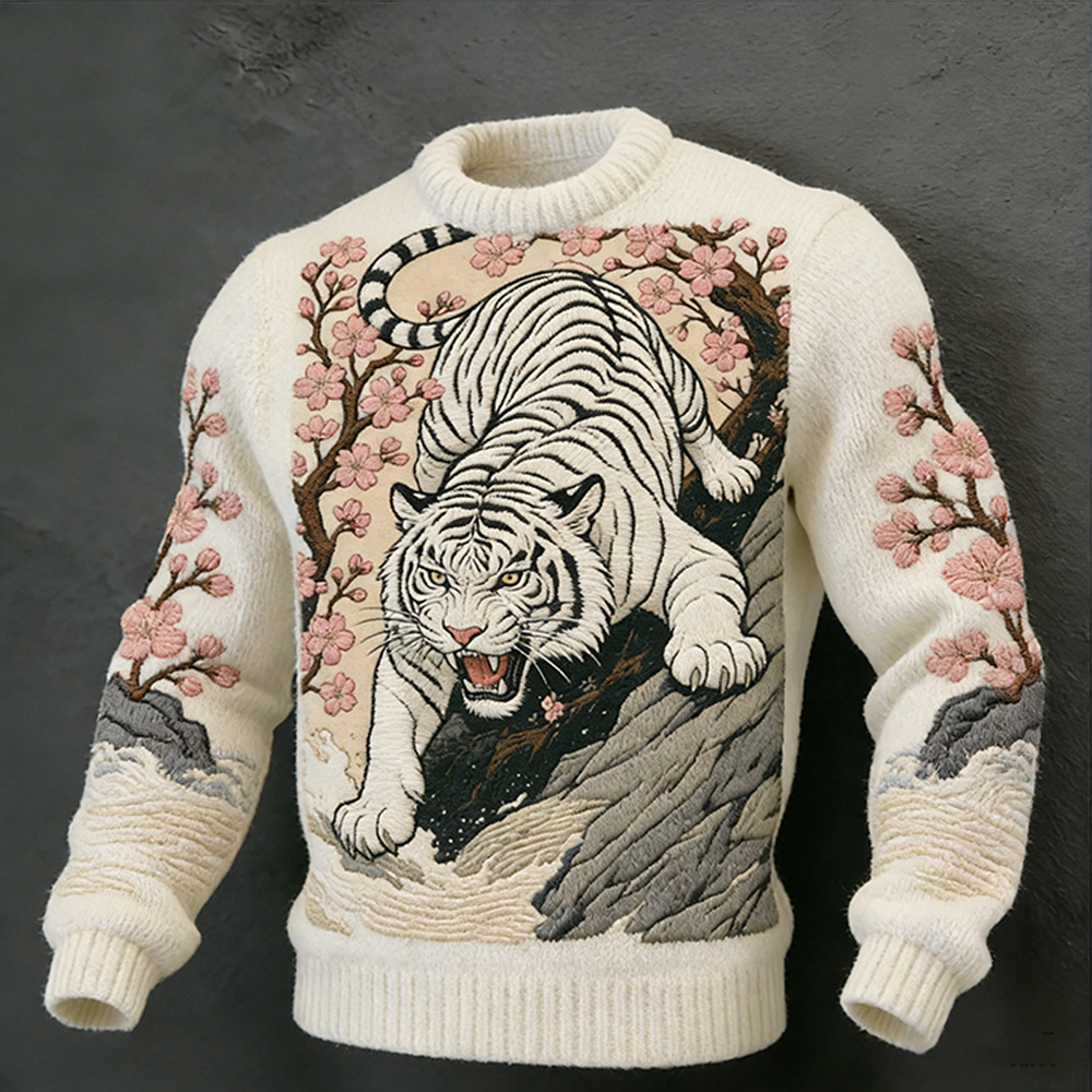 White Tiger Descending The Mountain Plus Thickened Round Neck Sweater