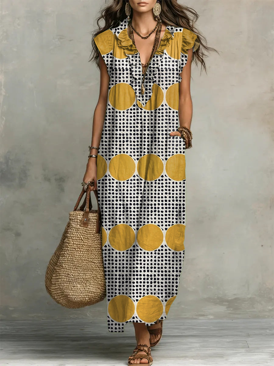Geometric Print V-Neck Ruffle-Trim Maxi Dress