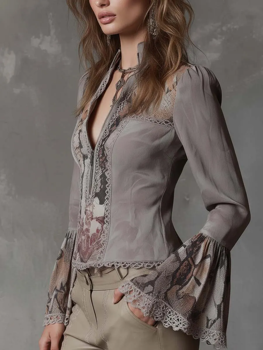 Vintage Patchwork Eco-Suede Blouse With Lace & Floral Prints
