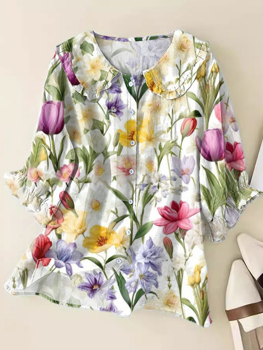 Fresh Floral Art Print Loose Top Peter Pan Collar Half Sleeve Blouses