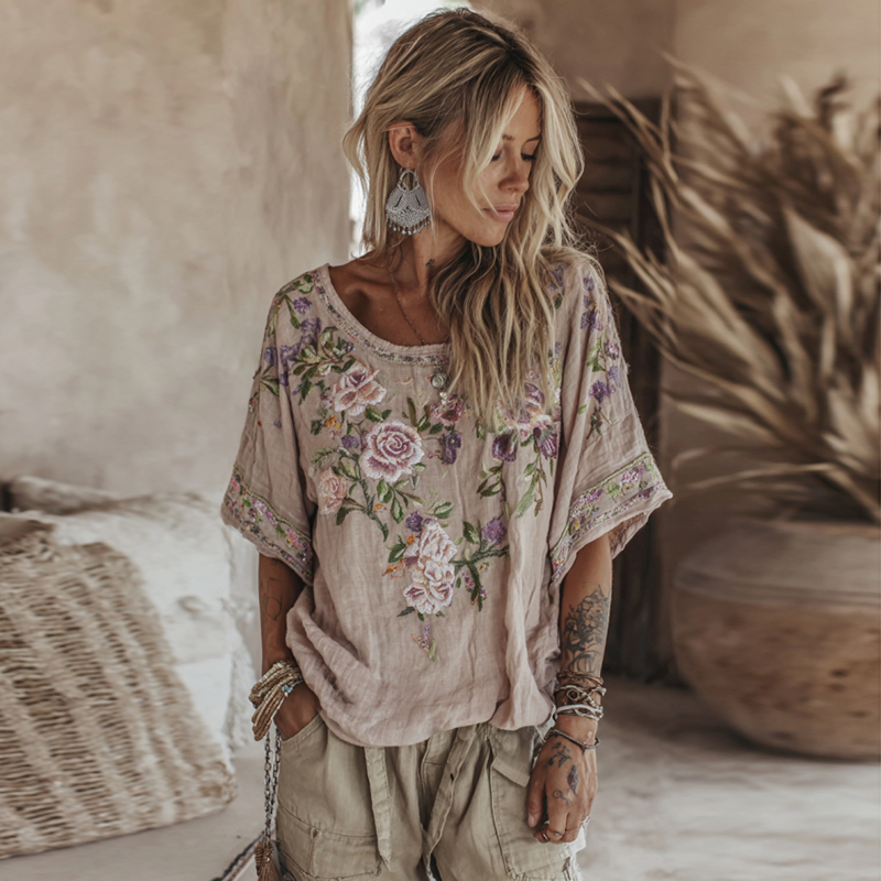 Vintage Purple Floral Embroidered Short Sleeve Shirt