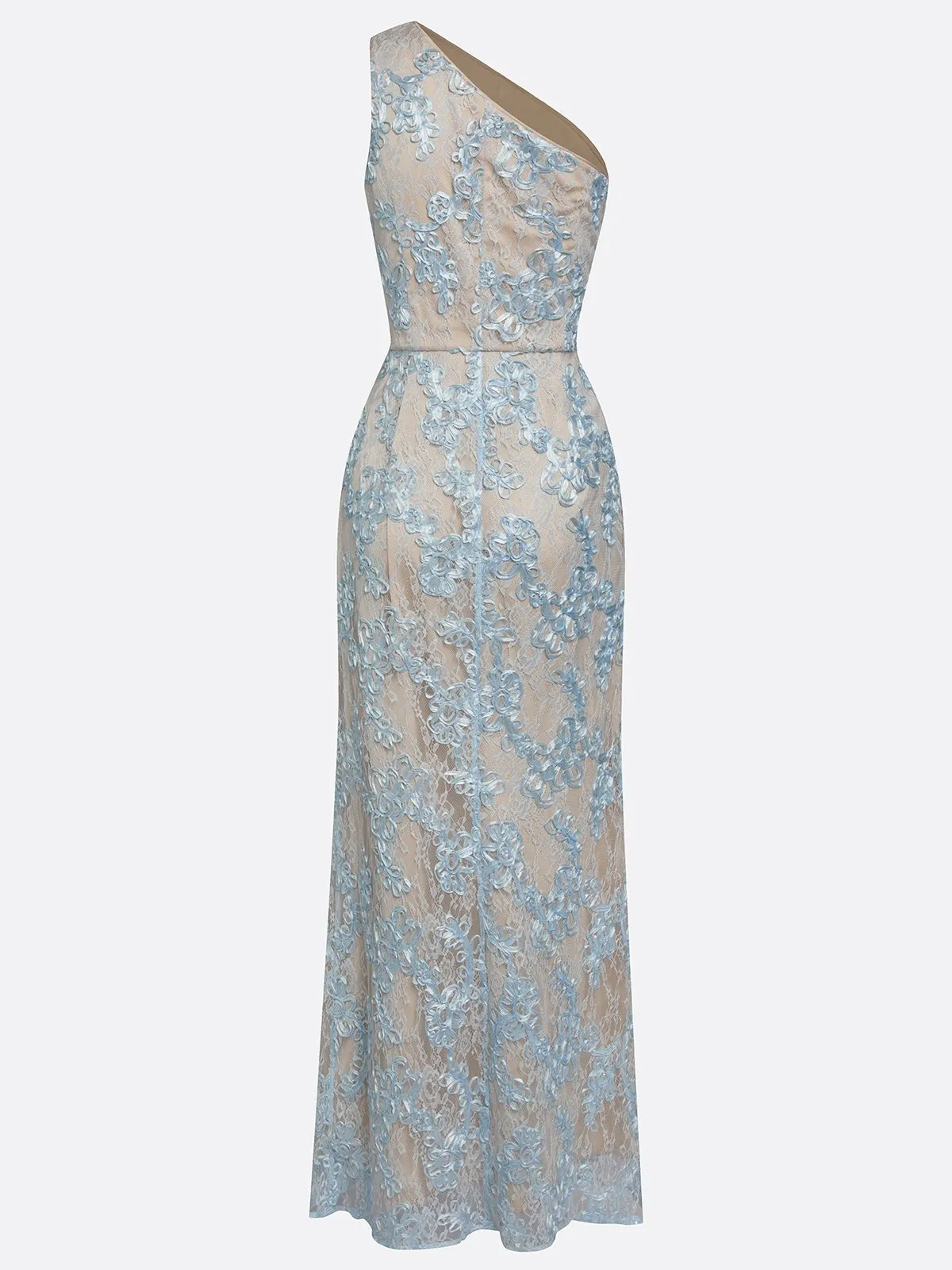 Light Blue Lace Jacquard One-Shoulder Sleeveless Mermaid Floor-length Gown