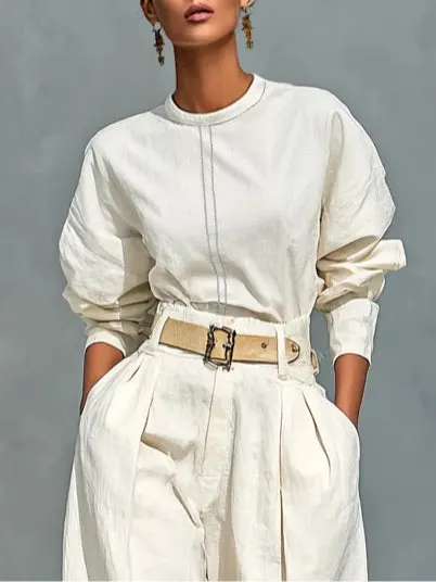 Off-white Crew Neck Long-sleeved Shirt And Loose-fitting Trousers Suit(with belt)
